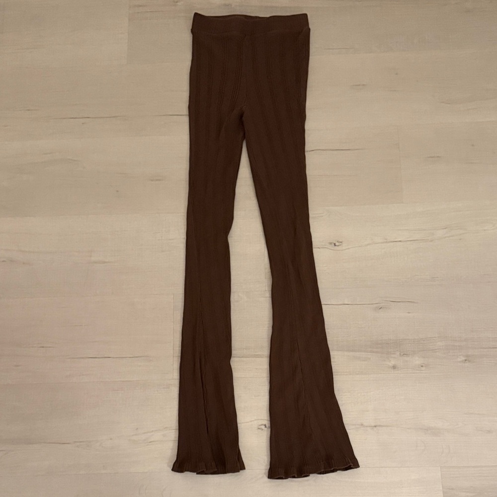 Brown Ribbed Flared Leggings